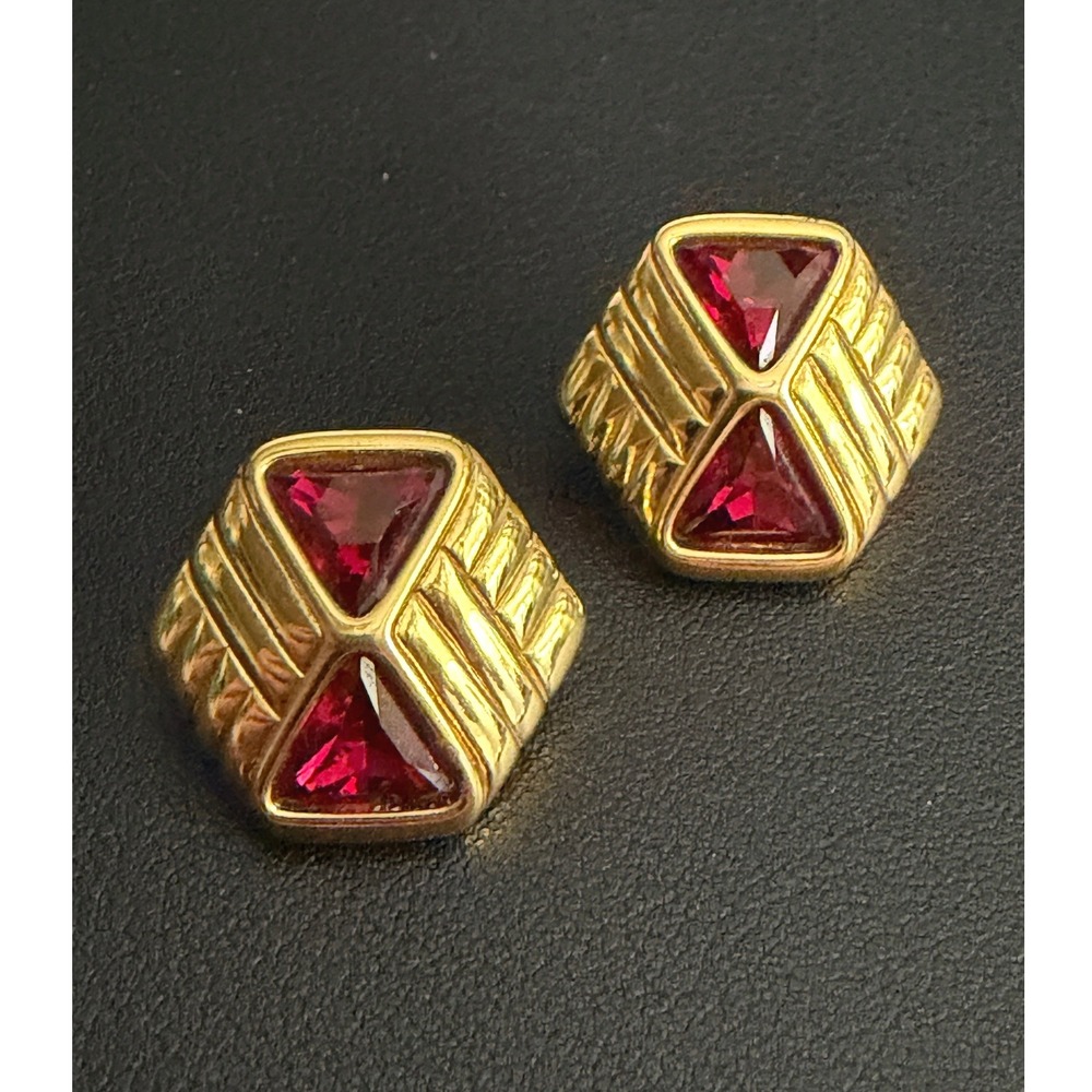 Vintage Swarovski SAL Rhinestone Earrings Red Gold Tone Modernist Signed